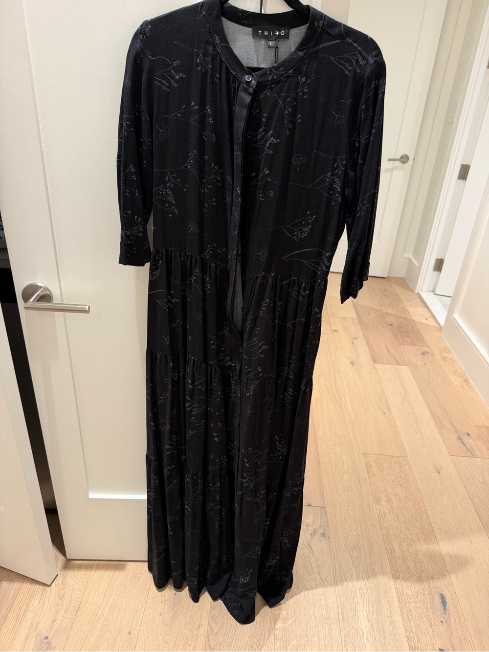 THIRD Black Botanical Floral Tiered Maxi Dress Size L NWT